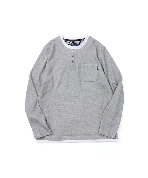 【洗濯機洗い可】ワッフル多色ボタン長袖Tシャツ