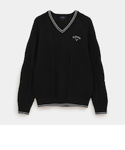 ケーブル編みポリエステルＶネックニット