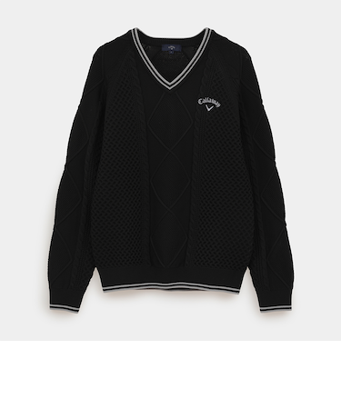 ケーブル編みポリエステルＶネックニット