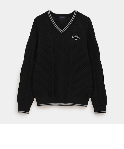 ケーブル編みポリエステルＶネックニット