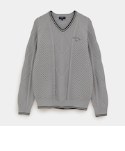 ケーブル編みポリエステルＶネックニット