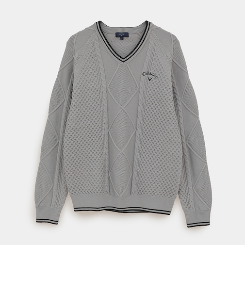 ケーブル編みポリエステルVネックニット