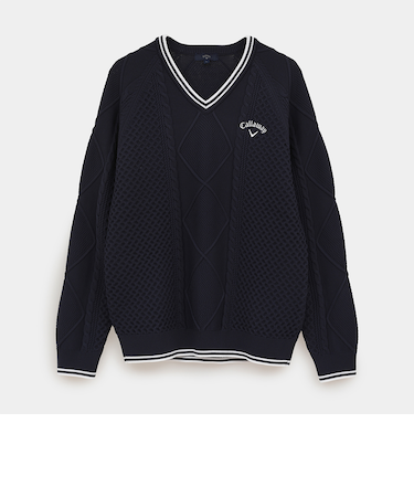 ケーブル編みポリエステルVネックニット