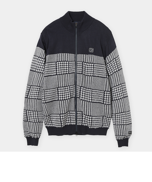 千鳥柄ジャガード防風裏付フルジップニット