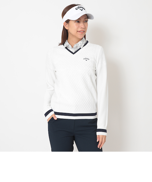 ケーブル編みポリエステルVネックニット