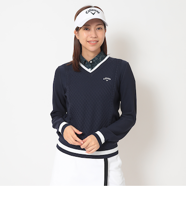 ケーブル編みポリエステルVネックニット