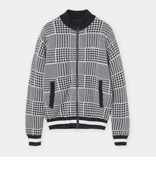 千鳥柄ジャガード防風裏付フルジップニット
