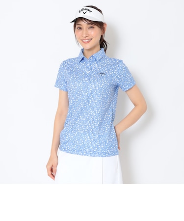 ハニカムメッシュストライプ×小花柄半袖シャツ
