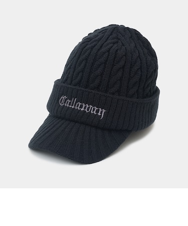 ケーブル編みアクリルツバ付きロゴニットキャップ(men's)