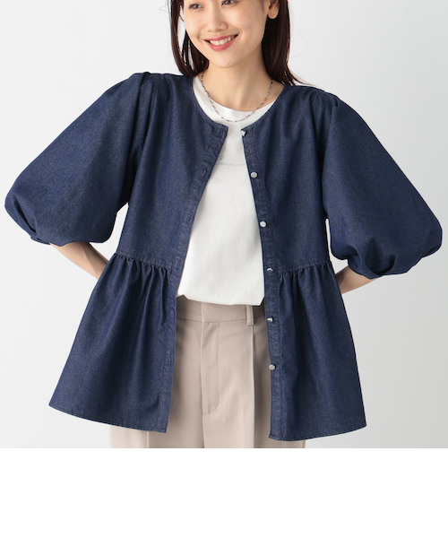 フリー【新品インポートセレクト】高級プリーツ ブルーグラデーションぺフラムスーツ GOODデニムペプラムブラウス/132698｜グローバルワークの