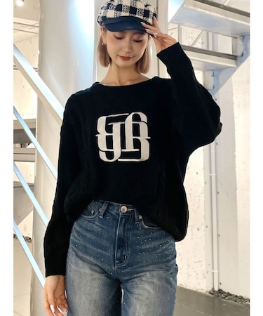 BIG GYGYロゴ刺繍ケーブルニットトップス