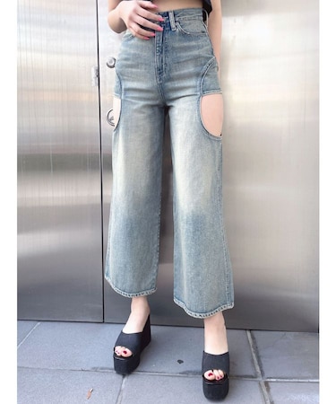 ハイウエストサイドオープンデニムワイドパンツ