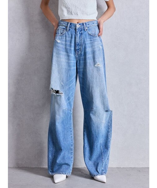 ハイウエストGG Stitch Barrel Leg ダメージデニムパンツ