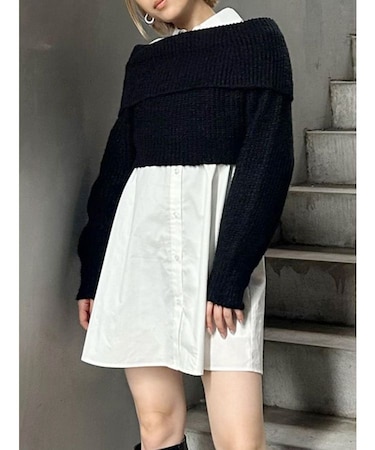 オフショルニット×ミニシャツワンピSET