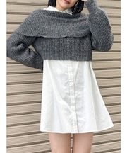 オフショルニット×ミニシャツワンピSET