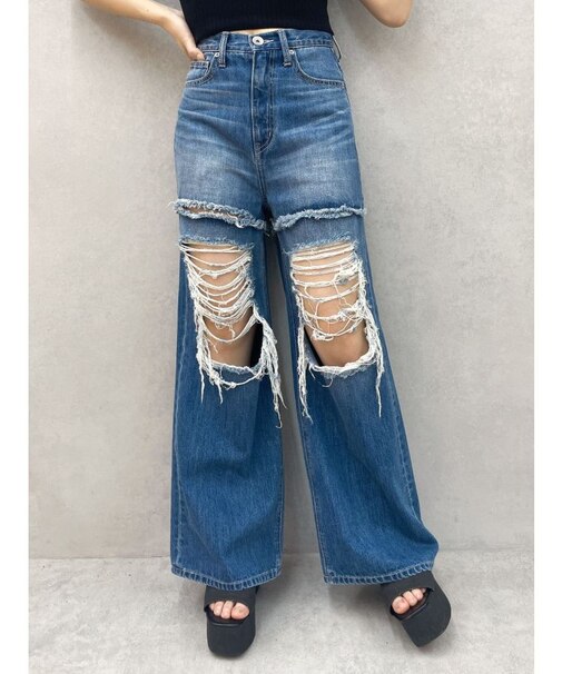 ハイウエストThighs cutデザインダメージワイドデニムパンツ