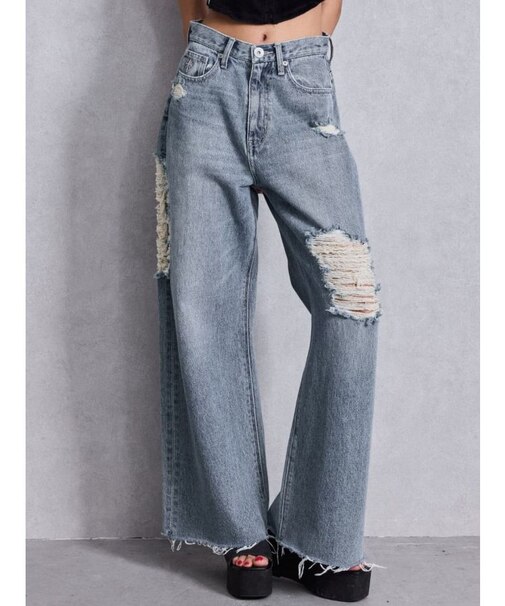 ハイウエストSIDE straight line damageワイドデニムパンツ