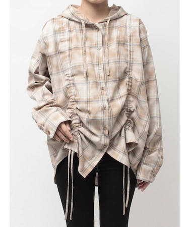 GG drawstringフードチェックシャツ