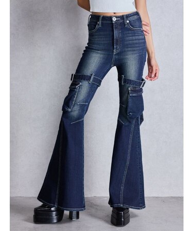 ハイウエスト strap cargo designフレアデニムパンツ