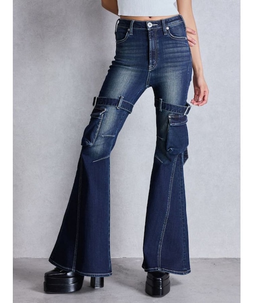 ハイウエスト strap cargo designフレアデニムパンツ