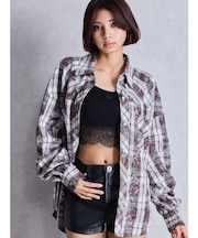 processing checkered print looseシャツ