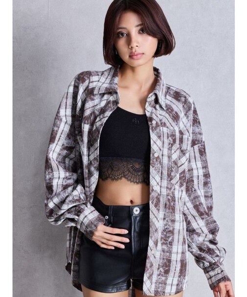 processing checkered print looseシャツ