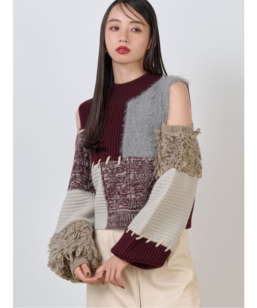 マテリアルMIXショルダーオープンニット