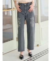 カットワーク刺繍デニムストレートパンツ