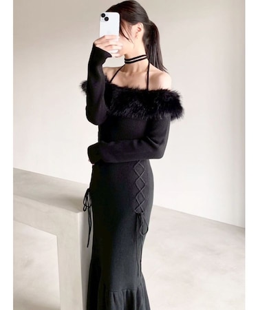 フェイクファートリムニットワンピース