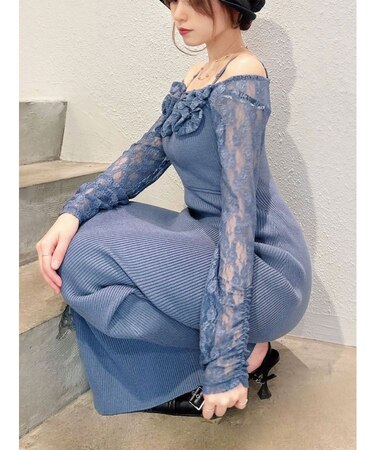 レースモチーフドッキンクニットワンピース