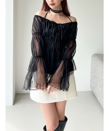 チョーカーリボンチュニックブラウス