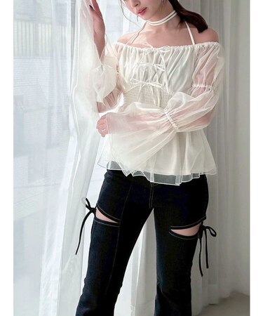 チョーカーリボンチュニックブラウス