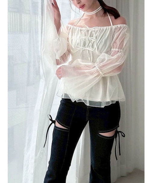 チョーカーリボンチュニックブラウス