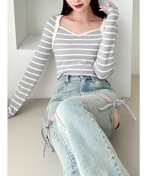 ハートネックラグランニットトップス