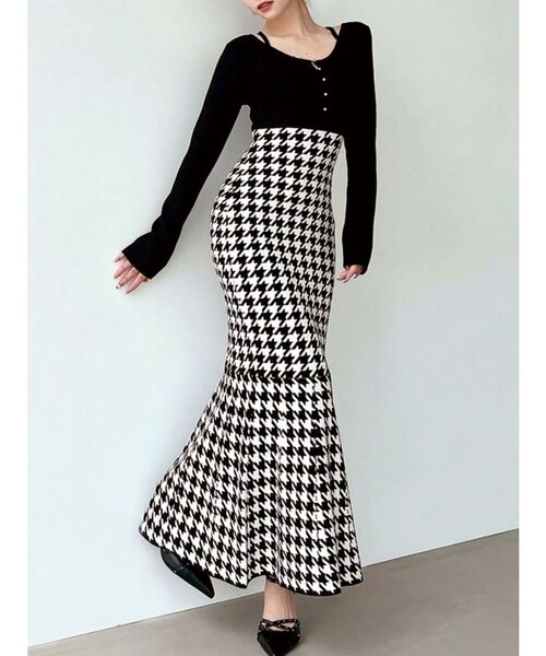 ハウンドトゥースマーメイドニットワンピース｜マークスタイラー
