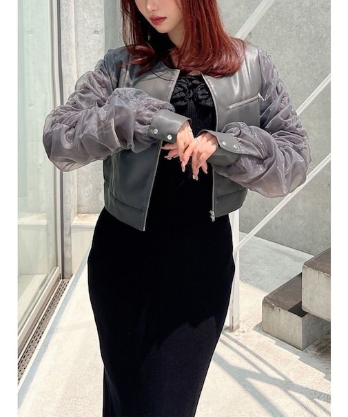 シアースリーブ合皮ブルゾン