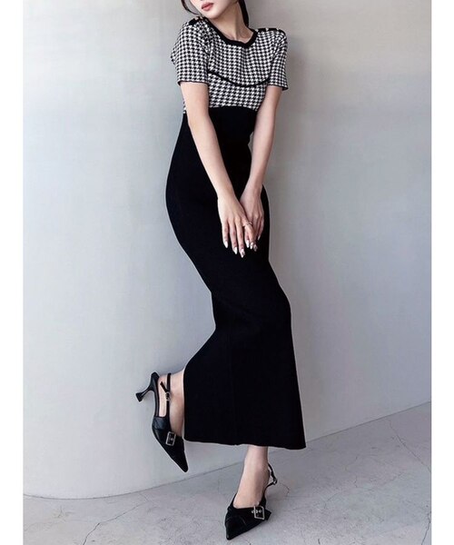 FR2GOLF ハウンドトゥース ワンピース ハウンドトゥースバイカラーニットワンピース｜マークスタイラー