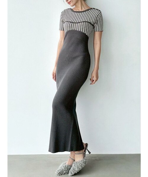 ハウンドトゥースバイカラーニットワンピース｜マークスタイラー