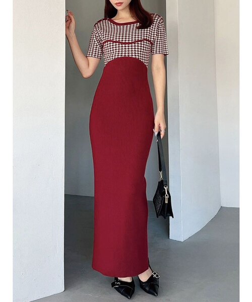 ハウンドトゥースバイカラーニットワンピース｜マークスタイラー