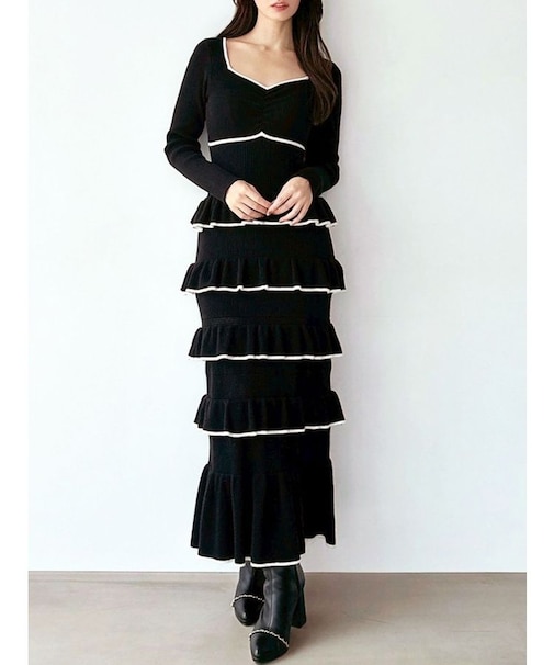 フリルデザインIラインニットワンピース