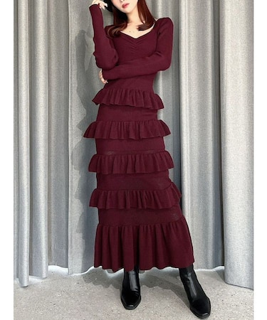 フリルデザインIラインニットワンピース