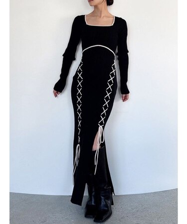 レースアップタイトニットワンピース