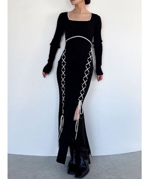 レースアップタイトニットワンピース