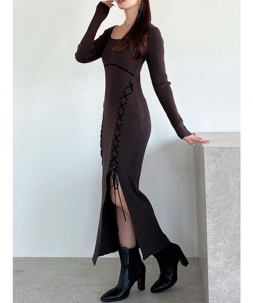 レースアップタイトニットワンピース