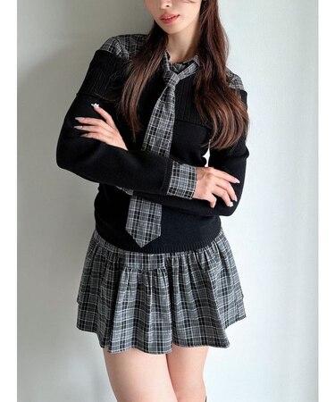 シャツレイヤードニットトップス