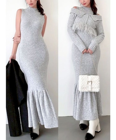 フェザーヘムレイヤードニットワンピース