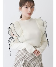 異素材プリーツラッフルリブニット