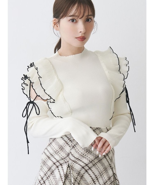 異素材プリーツラッフルリブニット