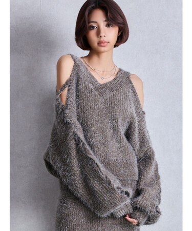 レースアップシャギーニットトップス