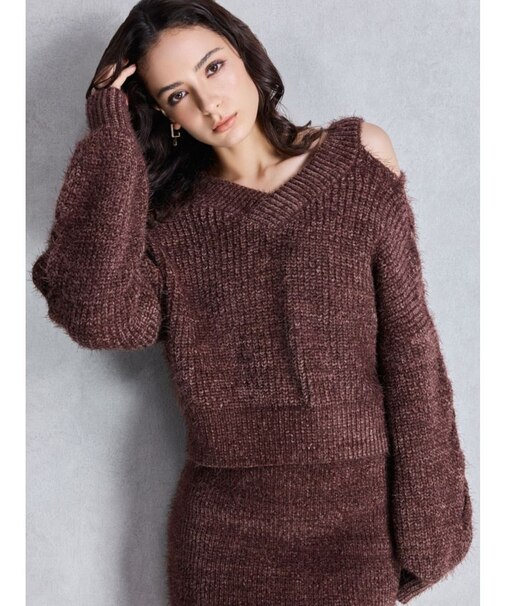 レースアップシャギーニットトップス